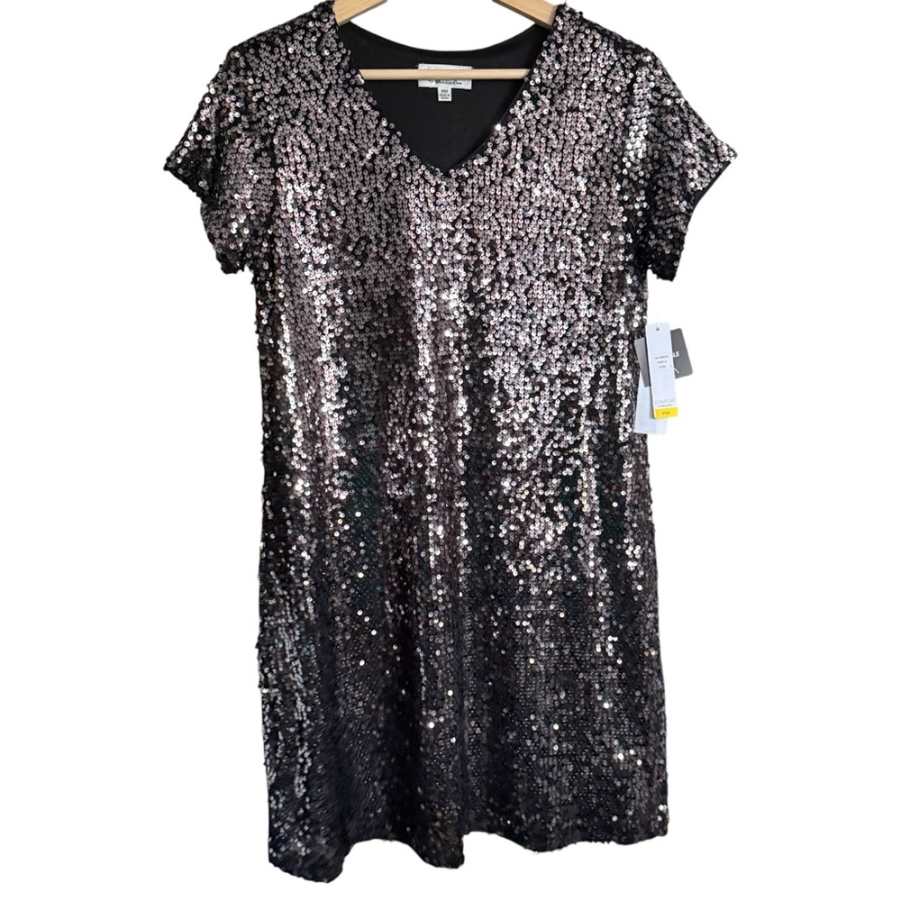 NWT Signature by Robbie Bee Macy’s Black Silver Sequin Dress Petite Medium - Picture 2 of 6